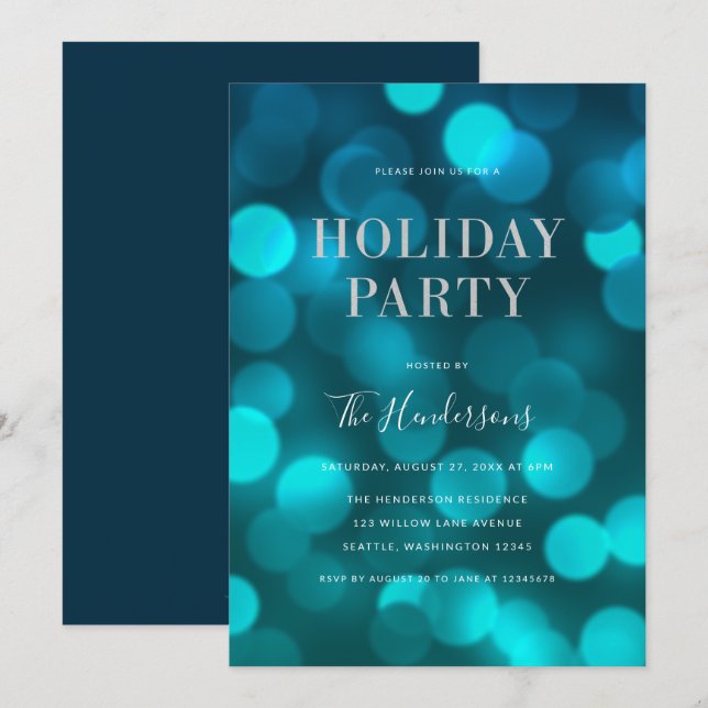 Aqua Blue Bokeh Lights Faux SIlver Holiday Party Invitation (Front/Back)