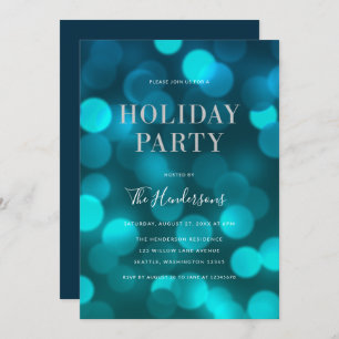 Aqua Blue Bokeh Lights Faux SIlver Holiday Party Invitation