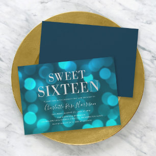 Aqua Blue Bokeh Lights Sweet Sixteen Birthday Invitation