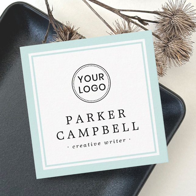 Aqua blue border custom logo elegant minimalist square business card (Creator Uploaded)