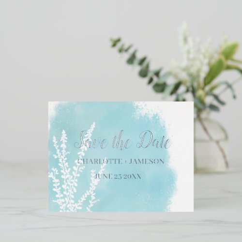 Aqua Blue Botanical Watercolor Wash     Foil Invitation Postcard