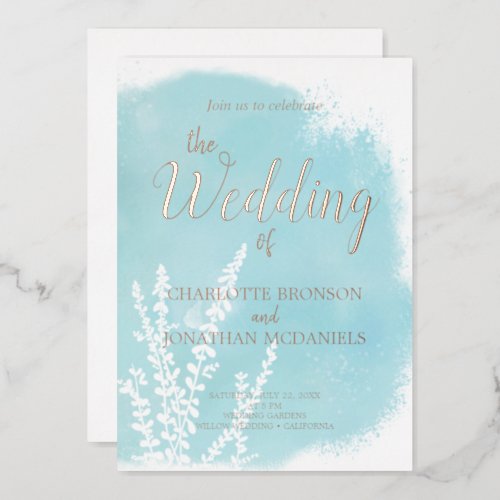 Aqua Blue Botanical Watercolor Wash Wedding  Foil Invitation