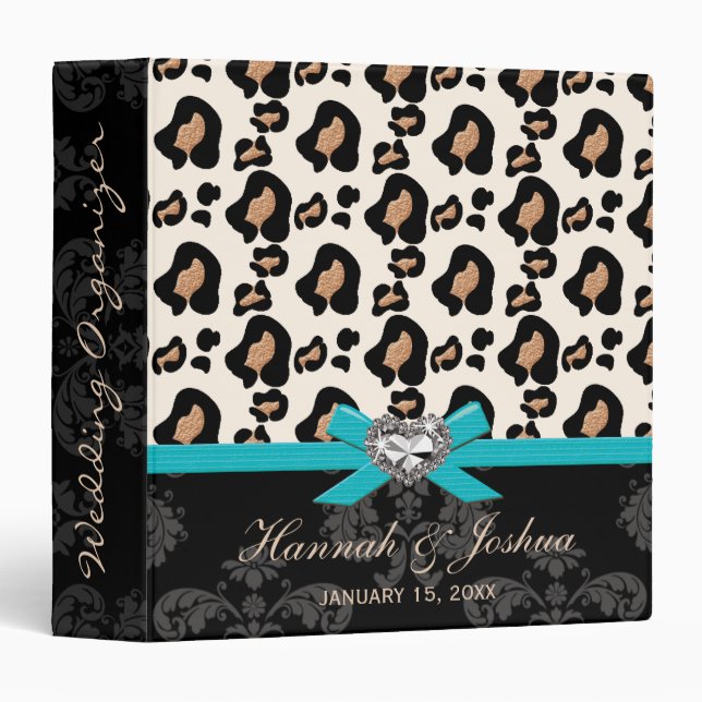 Aqua Blue Bow Faux Bling Leopard Wedding Planner Binder (Front/Spine)