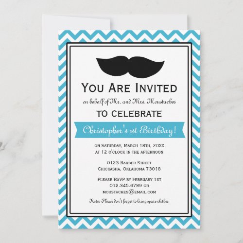 Aqua Blue Boy Moustache Chevron Birthday Party Personalized Invitation