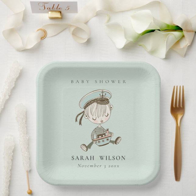 Aqua Blue Boys Little Sailor Nautical Baby Shower Paper Plates (Wedding)