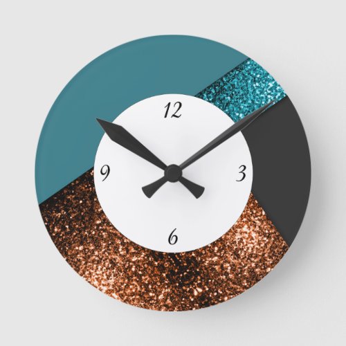 Aqua blue bronze sparkles design with numbers round clock