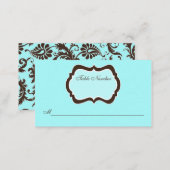 Aqua Blue, Brown, and White Damask Place Card (Front/Back)