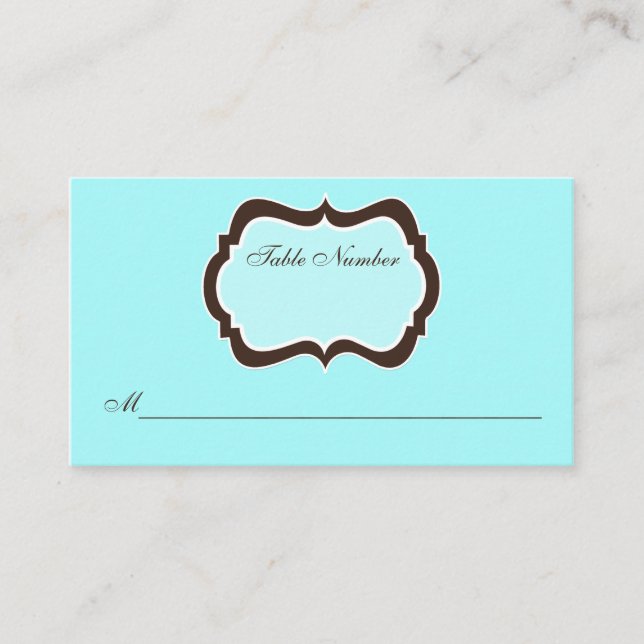 Aqua Blue, Brown, and White Damask Place Card (Front)