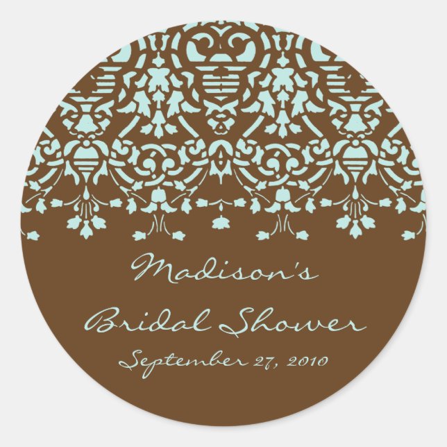 Aqua Blue & Brown Damask Bride Shower Sticker (Front)