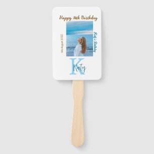 Aqua blue brown happy 16th birthday photo name hand fan