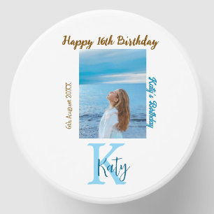 Aqua blue brown happy 16th birthday photo name mini candle favors