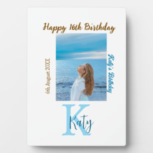 Aqua blue brown happy 16th birthday photo name plaque