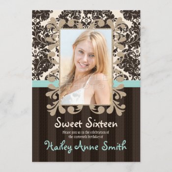 Aqua Blue Brown Vintage Lace Damask Sweet Sixteen Invitation by OccasionInvitations at Zazzle