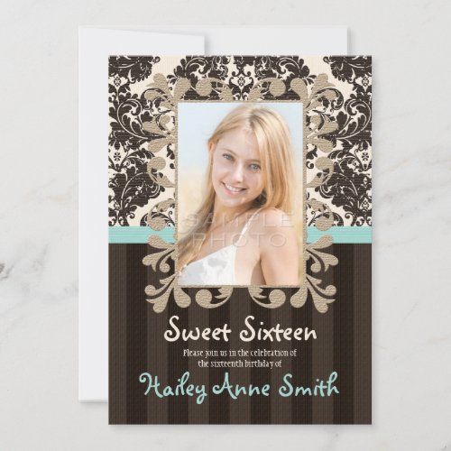 Aqua Blue Brown Vintage Lace Damask Sweet Sixteen Invitation