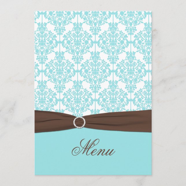 Aqua Blue, Brown, White Damask Menu Card (Front)