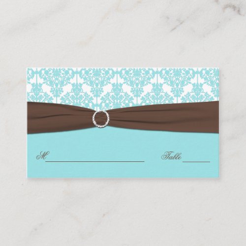 Aqua Blue, Brown, White Damask Place Card Business Card Templates