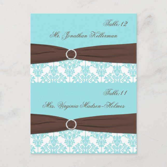Aqua Blue, Brown, White Damask Place Cards (Front)