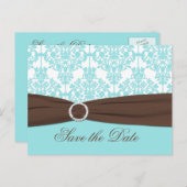 Aqua Blue, Brown, White Damask Save the Date Card (Front/Back)