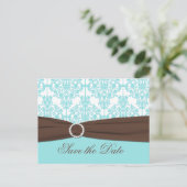 Aqua Blue, Brown, White Damask Save the Date Card (Standing Front)