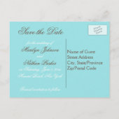 Aqua Blue, Brown, White Damask Save the Date Card (Back)
