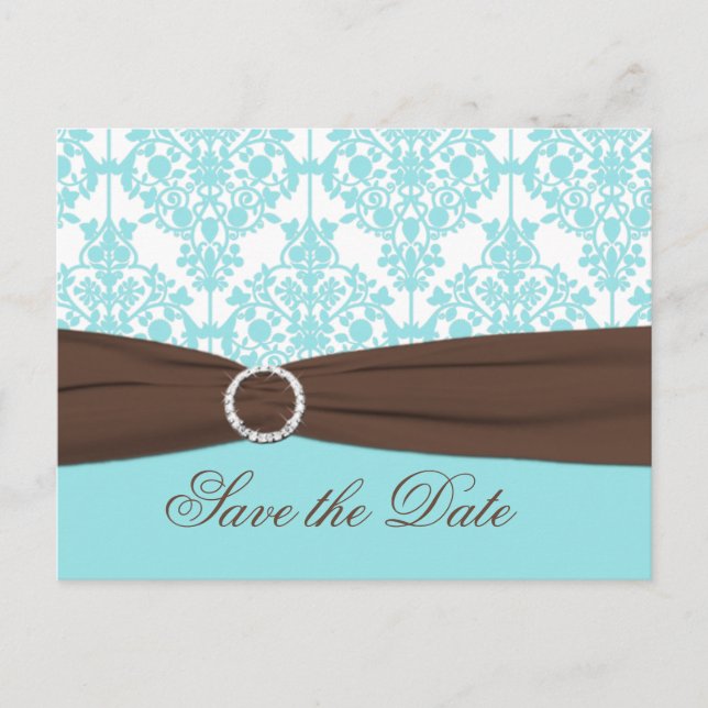 Aqua Blue, Brown, White Damask Save the Date Card (Front)