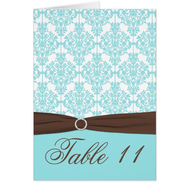 Aqua Blue, Brown, White Damask Table Number Card (Front)
