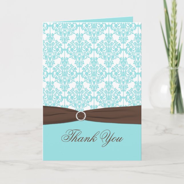 Aqua Blue, Brown, White Damask Thank You Card (Front)