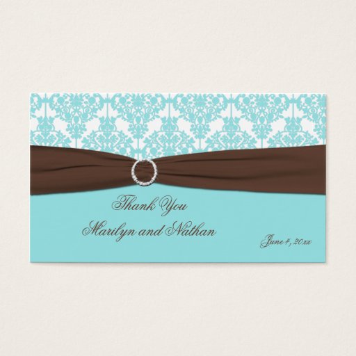 Customizable Aqua Blue, Brown, White Damask Wedding Favor Tag Business Card