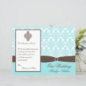 Aqua Blue, Brown, White Damask Wedding Program (Standing Front)