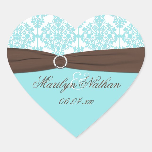 Aqua Blue, Brown, White Damask Wedding Sticker (Front)