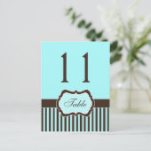 Aqua Blue, Brown, White Stripe Damask Table Number (Standing Front)