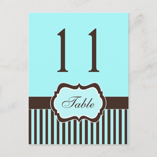 Aqua Blue, Brown, White Stripe Damask Table Number (Front)