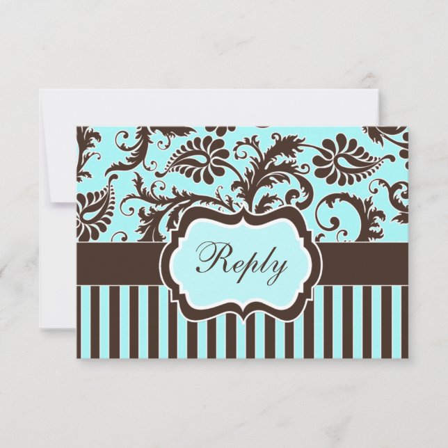Aqua Blue, Brown, White Striped Damask Reply Card (Front)