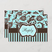 Aqua Blue, Brown, White Striped Damask Reply Card (Front/Back)