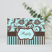 Aqua Blue, Brown, White Striped Damask Reply Card (Standing Front)