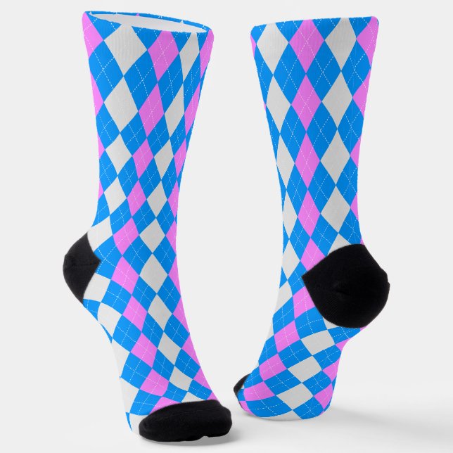 AQUA BLUE & BUBBLEGUM PINK Argyle Pattern Socks (Angled)