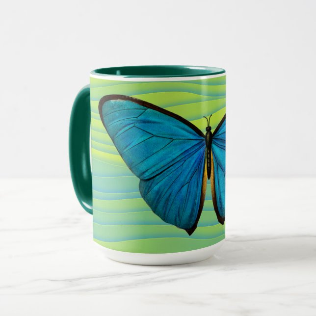 Aqua Blue Butterfly Green Art Mug Cup (Front Left)