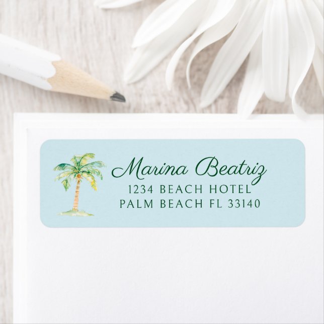 Aqua Blue Cabana Palm Tree Beach Club Address Label (Insitu)
