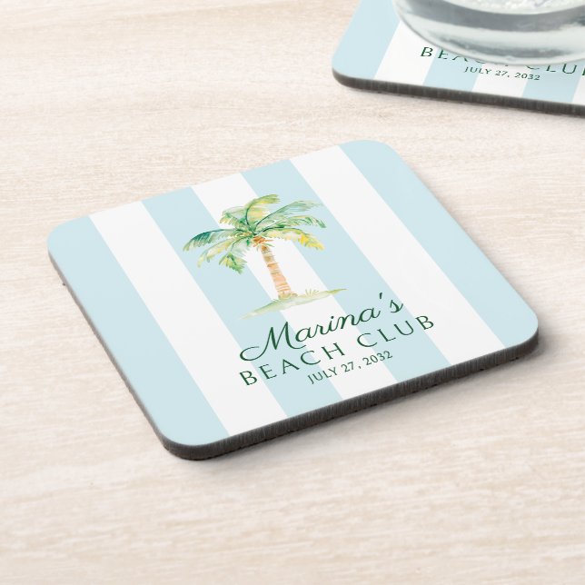 Aqua Blue Cabana Stripes Palm Beach Club Birthday Beverage Coaster (Left Side)