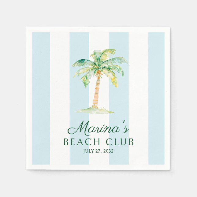 Aqua Blue Cabana Stripes Palm Beach Club Birthday Napkins (Front)