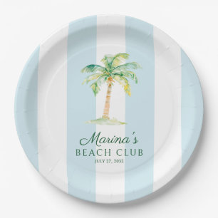 Aqua Blue Cabana Stripes Palm Beach Club Birthday Paper Plates