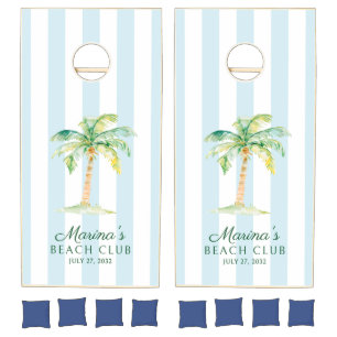 Aqua Blue Cabana Stripes Palm Beach Club Cornhole Set