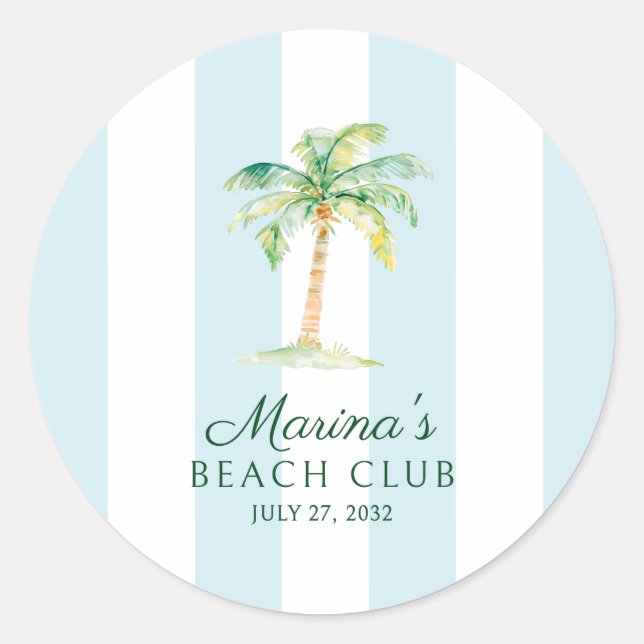 Aqua Blue Cabana Stripes Palm Beach Club Favor Classic Round Sticker (Front)