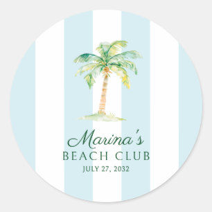 Aqua Blue Cabana Stripes Palm Beach Club Favor Classic Round Sticker