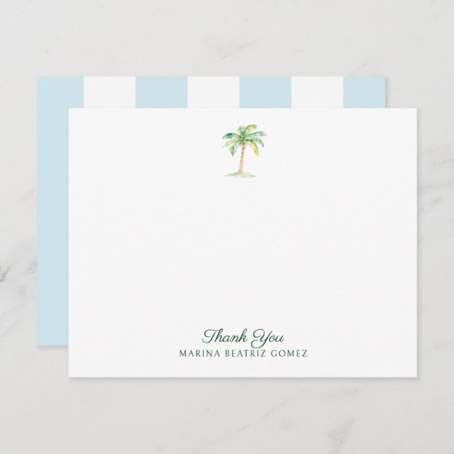 Aqua Blue Cabana Stripes Palm Tree Thank You Note Card (Front/Back)