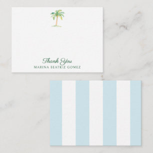Aqua Blue Cabana Stripes Palm Tree Thank You Note Card