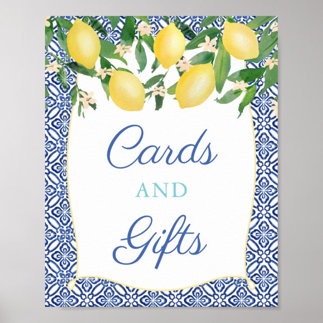 Aqua Blue Capri Lemons Baby Shower Cards and Gifts Poster (Front)