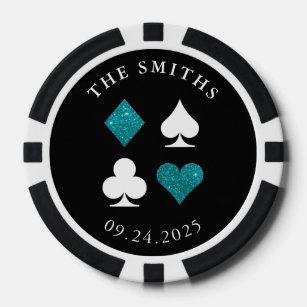 Aqua Blue Card Suits Wedding Date and Name Favor Poker Chips
