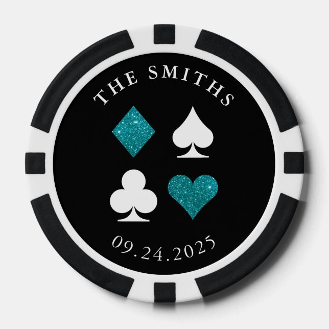 Aqua Blue Card Suits Wedding Date and Name Favor Poker Chips (Front)