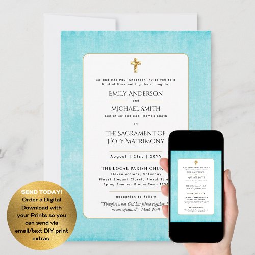 Aqua Blue  Catholic Nuptial Mass Wedding Invitation